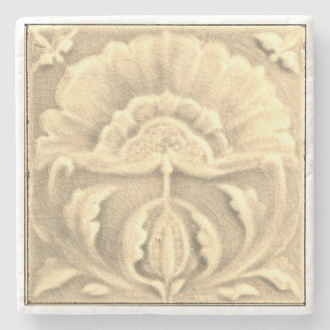 Posavasos De Piedra Art Nouveau jugendstil flor azulejo dorado crema (Anverso)