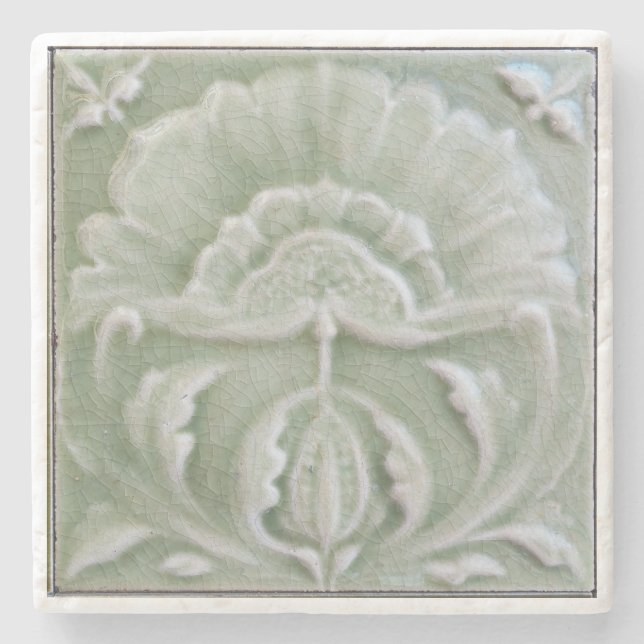 Posavasos De Piedra Art Nouveau jugendstil flor azulejo verde (Anverso)