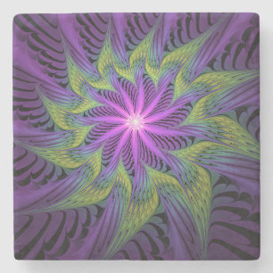 Posavasos De Piedra Arte abstracto fractal moderno de flor verde púrpu
