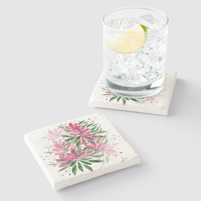 Posavasos De Piedra Arte acuático de jardín floral rosa (Lateral)