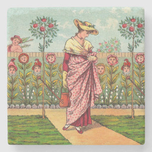 Posavasos De Piedra Arte Antiguo Mujer Flor Creciente Jardín