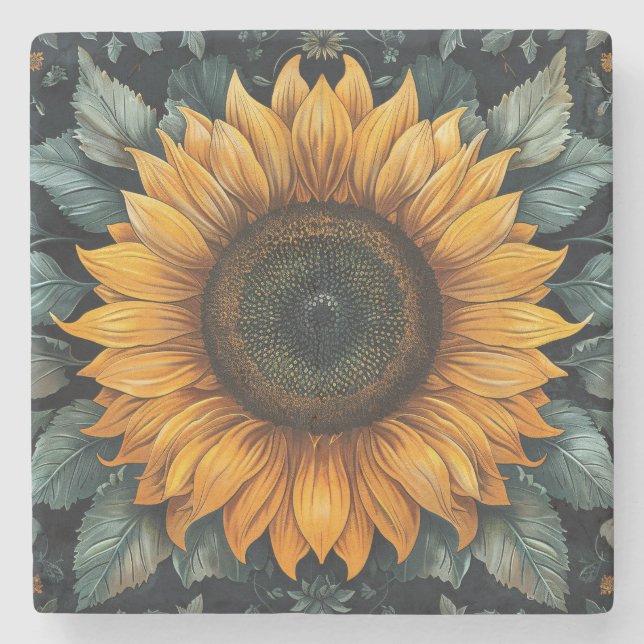 Posavasos De Piedra Arte botánico de girasol intrincado (Anverso)
