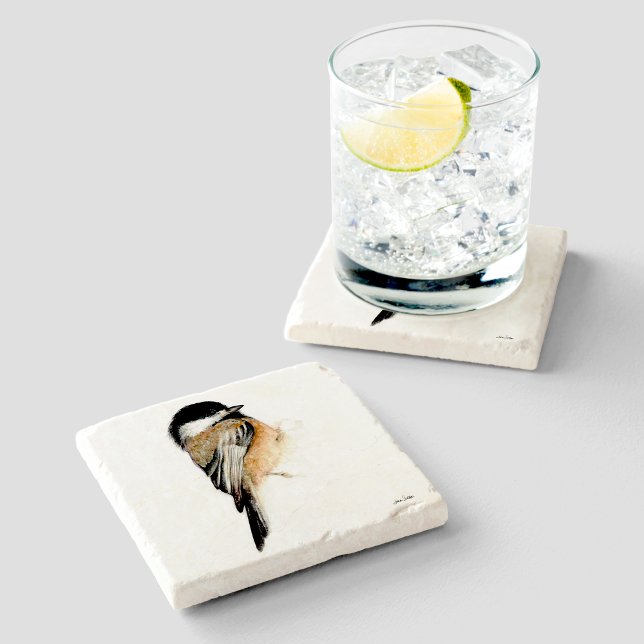 Posavasos De Piedra Arte de acuarela de chickadee (Chickadee Watercolor Art Stone Coaster from Jenn's Emporium. )