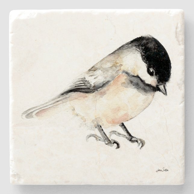 Posavasos De Piedra Arte de acuarela de chickadee (Chickadee Watercolor Art Stone Coaster from Jenn's Emporium. )