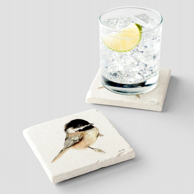 Posavasos De Piedra Arte de acuarela de chickadee (Chickadee Watercolor Art Stone Coaster from Jenn's Emporium. )
