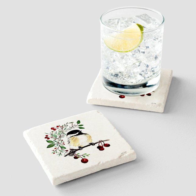 Posavasos De Piedra Arte de acuarela de chickadee (Chickadee Watercolor Art Stone Coaster from Jenn's Emporium. )
