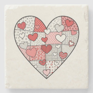 Posavasos De Piedra Arte de Collage de Corazón de Parche con Rojo y Ro