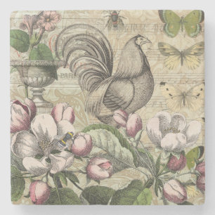 Posavasos De Piedra Arte de Collage de Jardín de Gallo Antiguo: Campo 