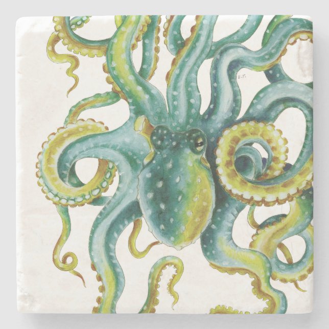 Posavasos De Piedra Arte de color azul Octopus (Anverso)