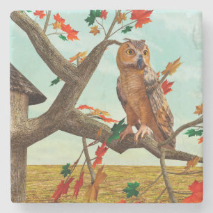 Posavasos De Piedra Arte de fauna del arce de búho de otoño