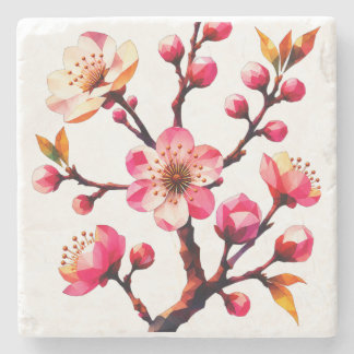 Posavasos De Piedra Arte de flor de cerezo poligonal