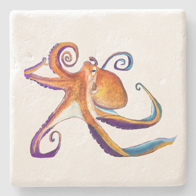Posavasos De Piedra Arte de la acuarela Octopus sealife (Anverso)
