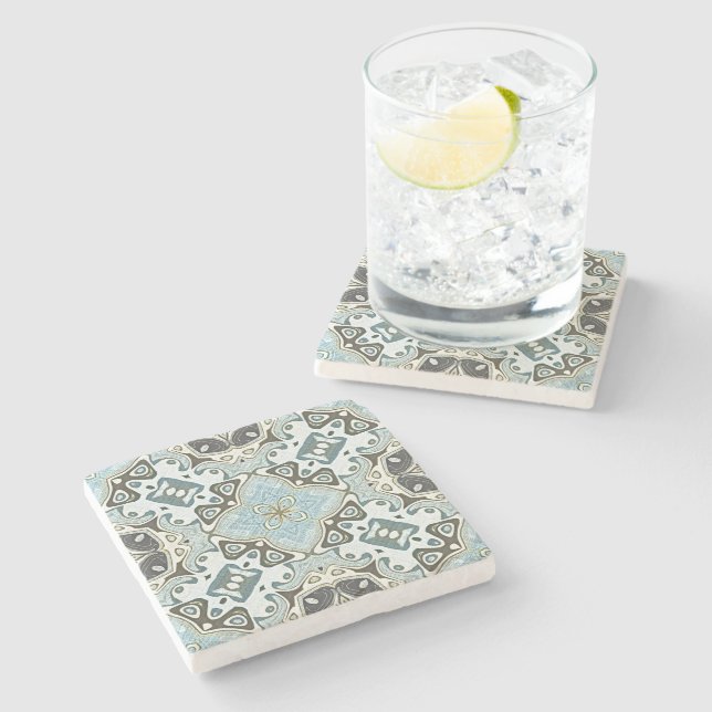 Posavasos De Piedra Arte de la tribu bohemia Verde azulada turquesa ve (Lateral)