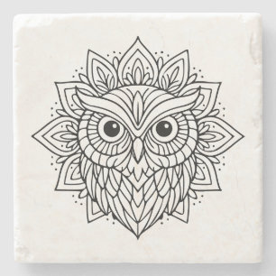 Posavasos De Piedra Arte de línea de cabeza de búho Mandala