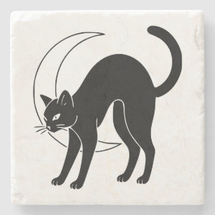 Posavasos De Piedra Arte de línea de gato negro y luna creciente