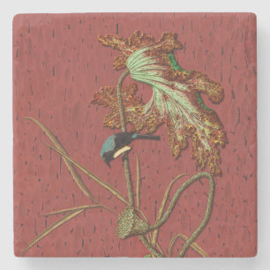 Posavasos De Piedra Arte de Loto de Pájaro Japonés Rojo Antiguo G.A. A
