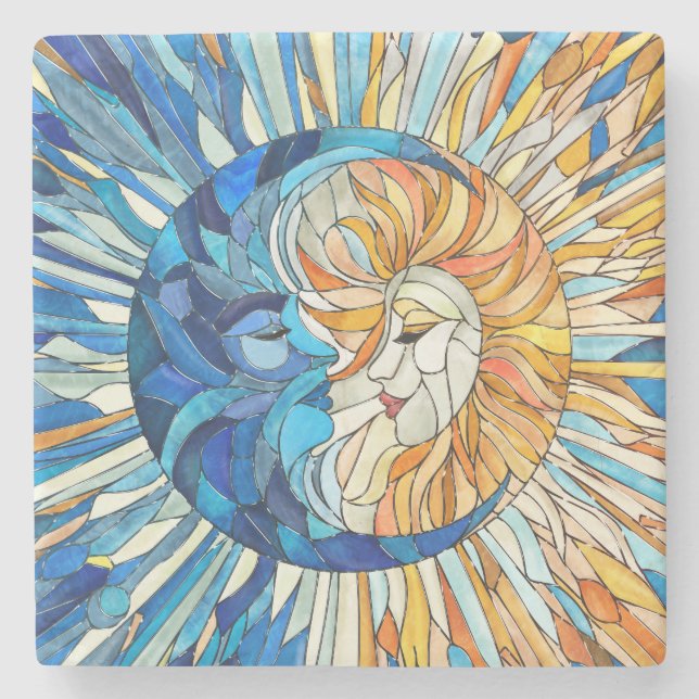 Posavasos De Piedra Arte de mosaico de sol y luna (Anverso)