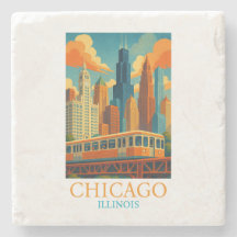 Arte de viaje vintage del horizonte de Chicago Ill