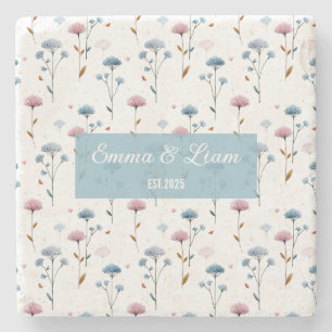 Posavasos De Piedra Arte Floral Personalizado Minimalista Vintage Azul