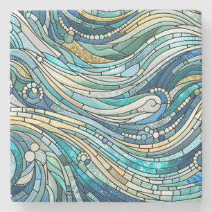 Posavasos De Piedra Arte Mosaico Verde Azul Mar de Olas