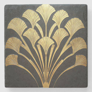 Posavasos De Piedra Arte Retro Deco Negro Planta Jeroglífica Dorada