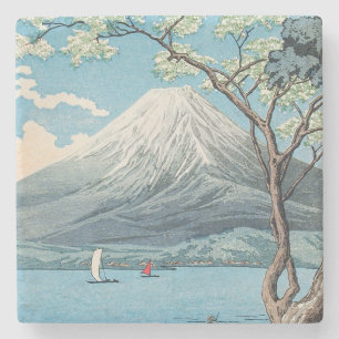 Posavasos De Piedra Arte vintage japonés del Monte Fuji y el lago Yama