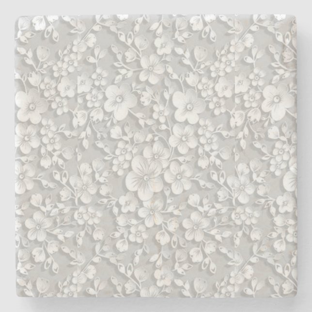 Posavasos De Piedra Aspecto de encaje floral blanco (Anverso)