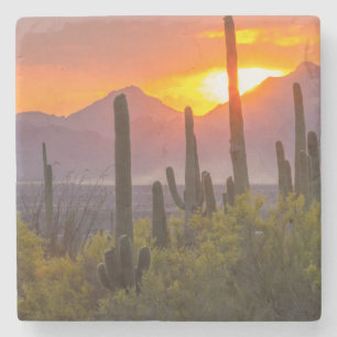 Posavasos De Piedra Atardecer de cactus del desierto, Arizona