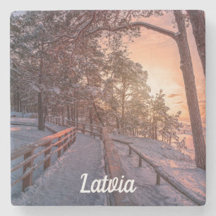 Posavasos De Piedra Atardecer de invierno en un bosque de pinos cerca 