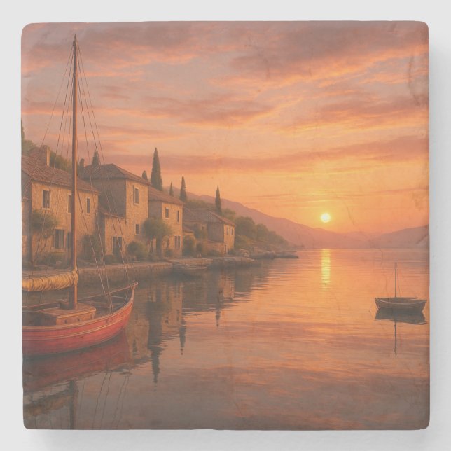 Posavasos De Piedra Atardecer dorado sobre pueblo costero (Anverso)
