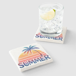 Posavasos De Piedra Atardecer retro de verano con palmera