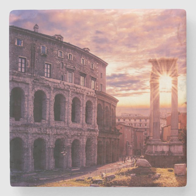 Posavasos De Piedra Atardecer sobre el Coliseo de Roma (Anverso)
