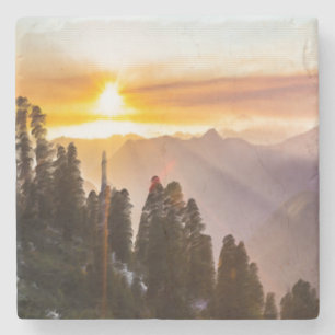 Posavasos De Piedra Atardecer sobre foto de bosque