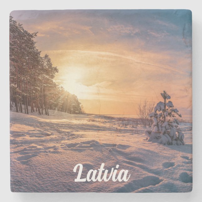 Posavasos De Piedra Atardecer sobre la nevada costa del mar de inviern (Anverso)