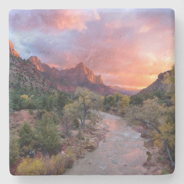 Posavasos De Piedra Atardecer sobre Watchman (Anverso)