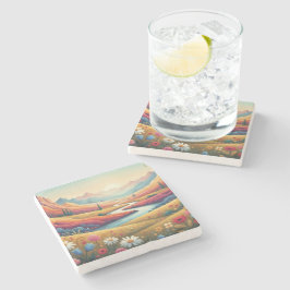 Posavasos De Piedra Atardecer Vibrante Paisaje Moderno de Montaña y Fl