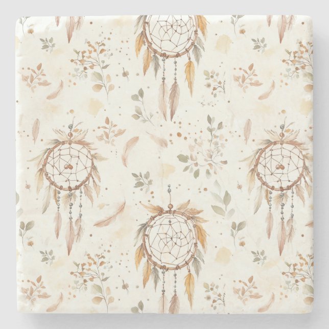 Posavasos De Piedra Atrapasueños Plumas Boho Crema (Anverso)