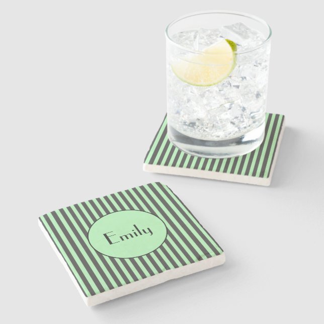 Posavasos De Piedra Audaz Mint Green y Black Stripe Personalizado (Lateral)