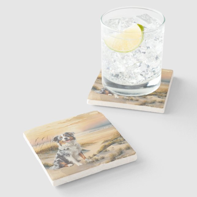 Posavasos De Piedra Australian Shepherd in a Beach Cove (Lateral)