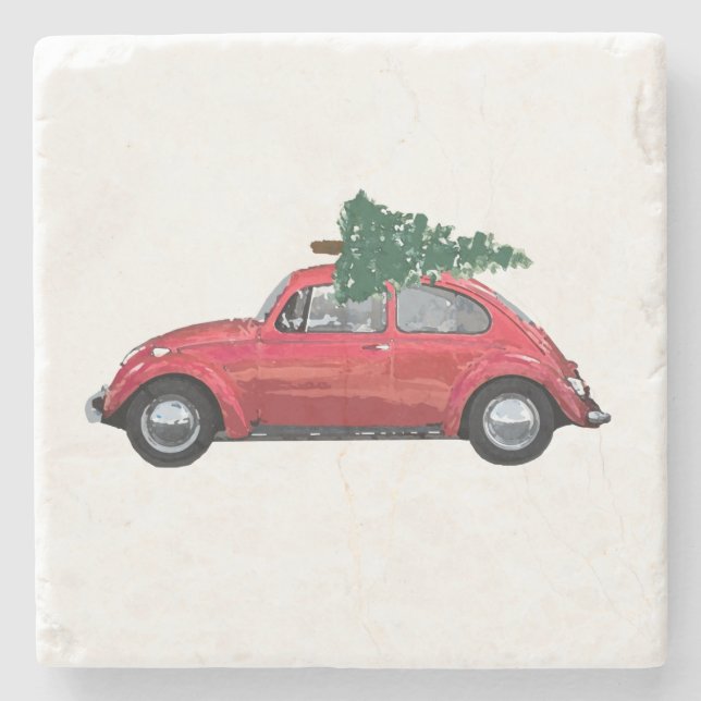 Posavasos De Piedra Auto retro con arte de árbol (Anverso)