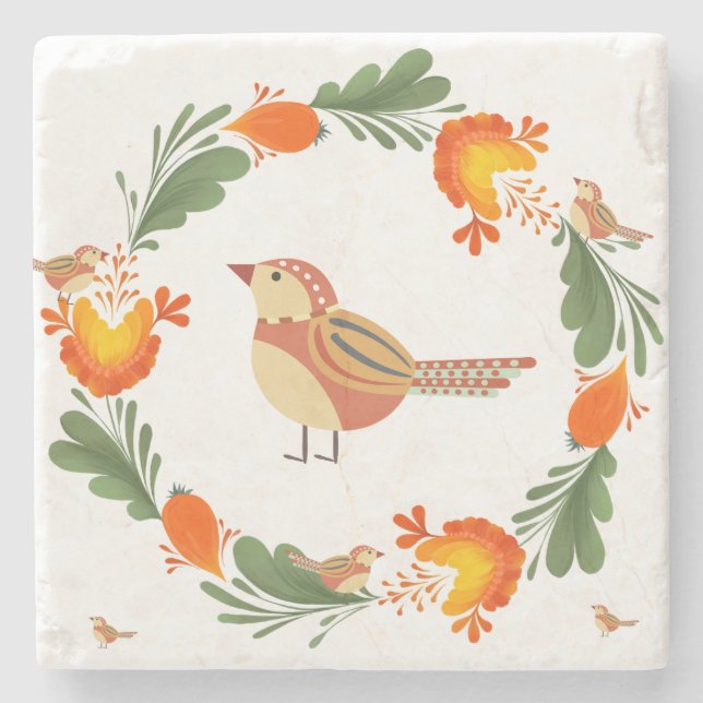 Posavasos De Piedra Autumn Bird Folk Art (Anverso)