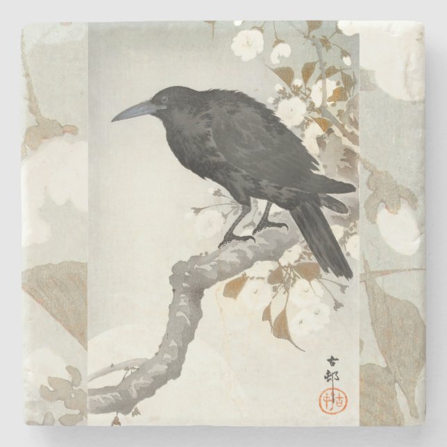 Posavasos De Piedra Ave japonesa Crow Raven Koson (Anverso)