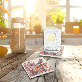 Posavasos De Piedra Ave Rojo y Verano de flores