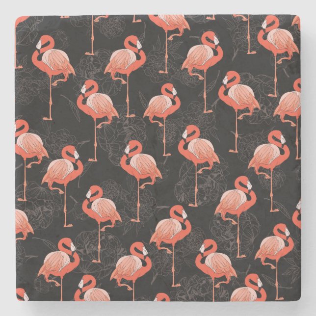 Posavasos De Piedra Aves Flamingos: Diseño Textil Vintage (Anverso)