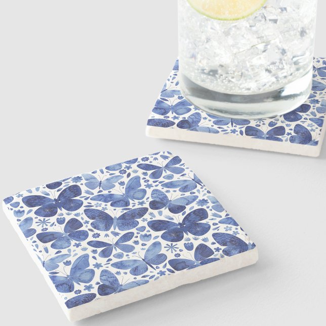 Posavasos De Piedra Azul de agua de mariposas (Blue watercolor butterfly pattern stone coaster)