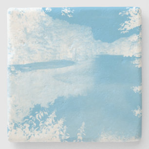 Posavasos De Piedra Azul de fantasía etérea, río invierno blanco