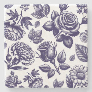 Posavasos De Piedra Azul Marino Floral Vintage