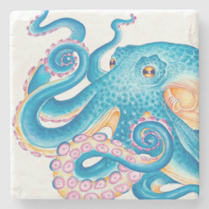 Posavasos De Piedra Azul Octopus Naranja Pink Watercolor Art