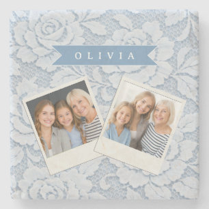 Posavasos De Piedra Azul Personalizado de Encaje Floral Elegante Román