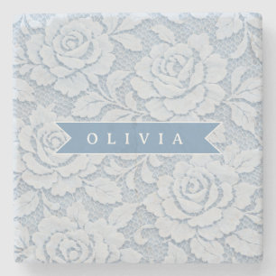 Posavasos De Piedra Azul Personalizado de Encaje Floral Elegante Román